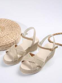 女性米色交錯編織涼鞋,時尚百搭適合戶外穿著 - 米色 - 查看 4