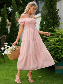 Simplee Women Off-The-Shoulder Ruffle Hem Dress - Pink - View 1