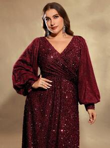 UNITHORSE 大码灯笼袖亮片正式礼服，优雅长袖舞会晚宴婚礼宾客礼服，适合毕业典礼、晚宴、新娘礼服、生日派对等场合，春季派对礼服 - 酒紅色 - 查看 6