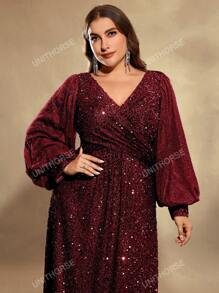 UNITHORSE UNITHORSE Plus Size Lantern Sleeve Sequined Formal Dress, Elegant Long Sleeve Prom Evening Wedding Guest Gown, For Graduation, Dinner, Bride Dress, Birthday Women Outfits, Graduation Dress,Party Dress