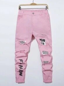 Teen Boys' Street Style Patchwork Printed Jeans - Baby Pink - View 1