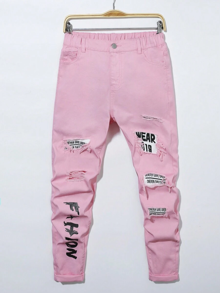 Teen Boys' Street Style Patchwork Printed Jeans - Baby Pink - View 1