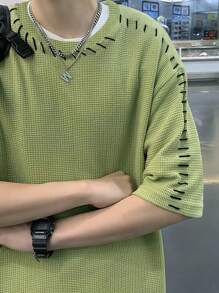 Claim Dot 男士T卹寬鬆圓領垂肩短袖休閒韓國時尚夏季針織上衣 - 綠色 - 查看 4