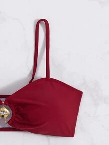 SHEIN Swim 纯色两件套比基尼套装夏季海滩 - 酒紅色 - 查看 8