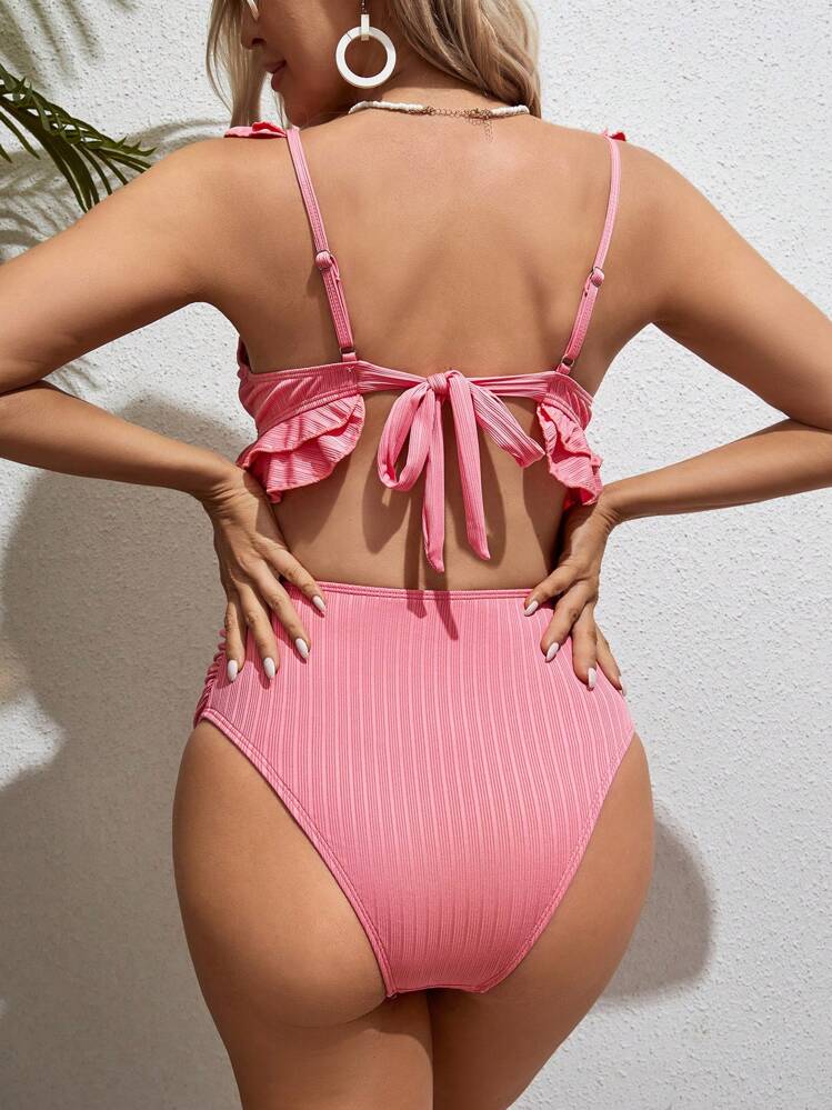 SHEIN Maternity Solid Color Ruffled Edge Bikini Set Summer Beach - Dusty Pink - View 2