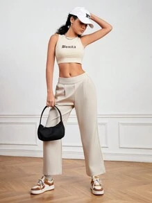 SHEIN Daily&Casual Pantalones Deportivos De Corte Recto En Color Sólido Para Mujer - Camel - Ver 5