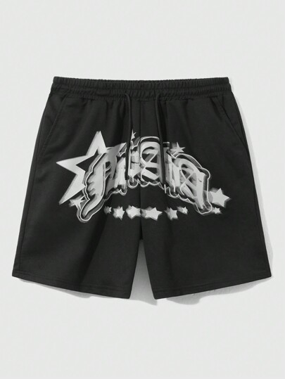 Street Life Men's Star & Letter Print Drawstring Waist Shorts, Football Style For Summer, School