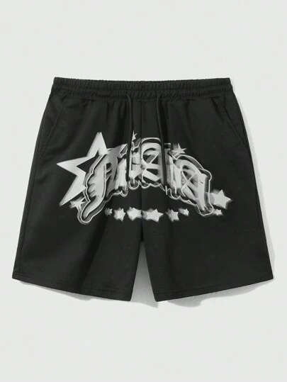 Street Life Men's Star & Letter Print Drawstring Waist Shorts, Football Style For Summer, School