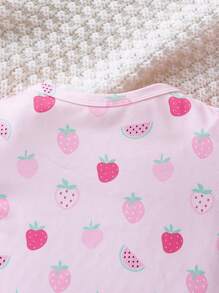 SHEIN Conjunto De Ropa Informal Para Niñas Con Estampado De Fresa En Camiseta De Manga Corta Y Pantalón - Rosa Pálido - Ver 4