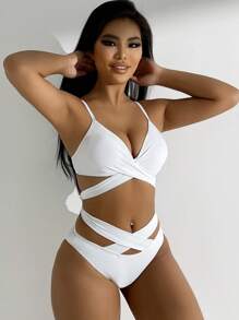 SHEIN Swim Solid Color Women's Cross Split Bikini Set, Summer Beach - White - View 1