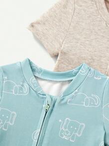 Cozy Pixies Newborn Baby Boys' Cartoon Animal Pattern Round Neck Short Sleeve Jumpsuit And Shorts Set - Green - View 10