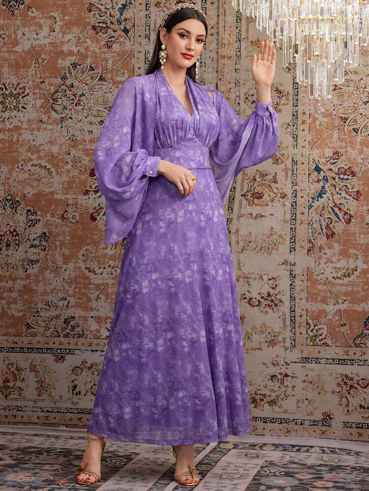 Full Printed V-Neck Drawstring Waist Dress And Jacket,Elegant Evening Party Dress 2 Pieces Set