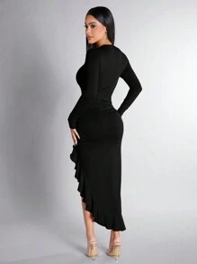 SHEIN PETITE 純色荷葉邊裝飾側開叉連衣裙 - 黑色 - 查看 2