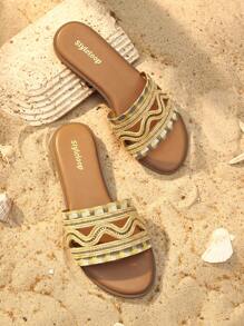 Styleloop女士時尚復古風格舒適拖鞋，女式夏季刺繡平底涼鞋，露趾拖鞋，性感沙灘鞋 - 黃色 - 查看 2