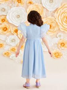 SHEIN Young Girl Gorgeous Cap Sleeve Dress With Ruffle Hem - Blue - View 2