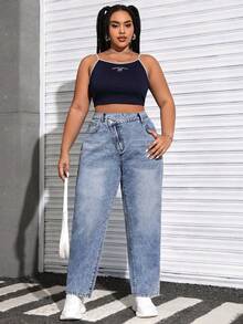 SHEIN EZwear 大尺碼牛仔緊身褲,具有口袋和踏步式腰身設計 - 中等水洗藍 - 查看 6