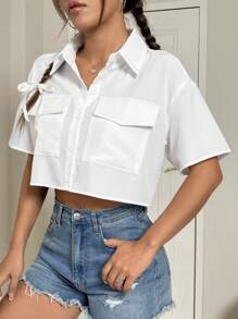 Flirla 女士纯色落肩短袖工装衬衫，带口袋，短袖上衣