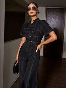 Sollinarry Women's Old Money Style Urban Casual Contrast Color Wide Leg Jumpsuit, Spring And Summer Style - Black - View 6