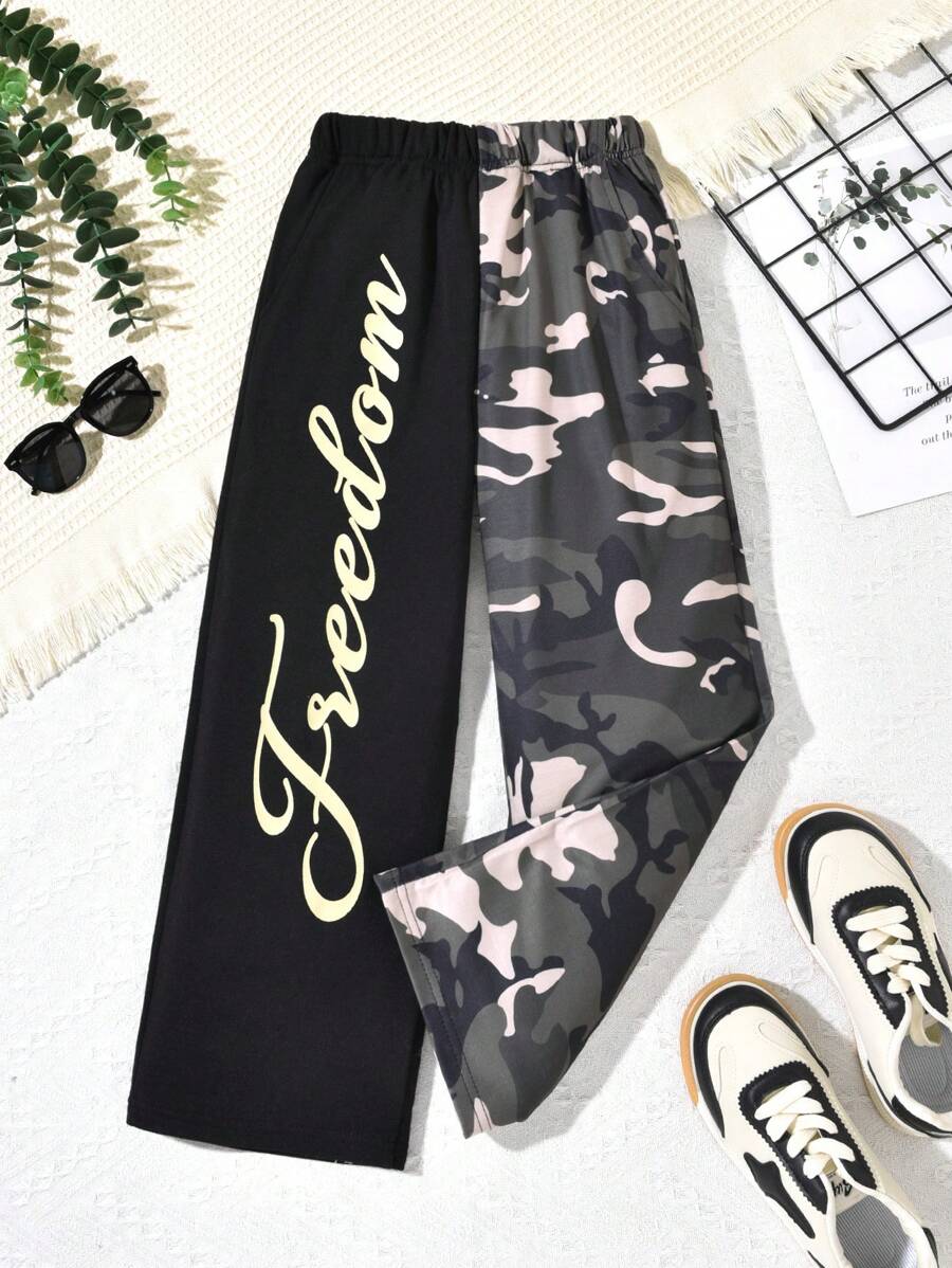 Tween Girls' Letter Printed Elastic Waist Sweatpants - Black - View 1