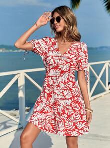 SHEIN VCAY Women's Puff Sleeve Plant Print Dress - Multicolor - View 3