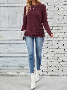 SHEIN LUNE Women's Round Neck Long Sleeve T-Shirt With Button Decoration Fall Cloth For Women - Red Violet - View 4