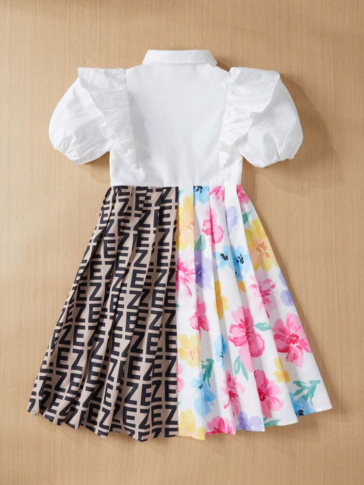 Tween Girls' Loose Fit Colorblock Dress Featuring Fresh Flower Pattern Patchwork And Letter Print Collar
