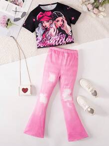 SHEIN 動漫人物與字母印花設計的高腰牛仔托腳褲搭配上衣，適用於青少女 - 彩色 - 查看 1