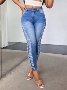 SHEIN SXY 女士時尚磨邊洗水牛仔褲 - 中等水洗藍 - 查看 1