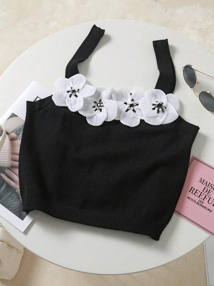 Plus Size 3d Flower Sleeveless Knitted Top