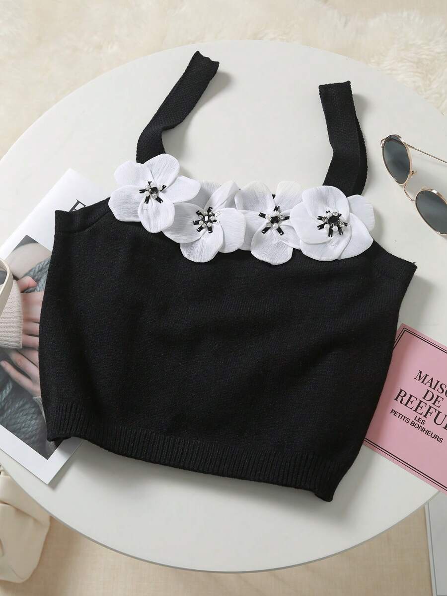 Flirla Plus-größe 3d-blumen Ärmelloses Strick Top