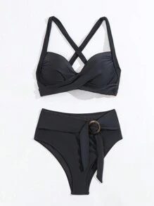 Bộ bikini thắt nút hở lưng màu trơn đan chéo mùa hè cho nữ - màu đen - Xem 6