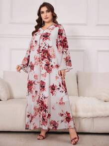 Al Najma Plus Size Women's Floral Print Modest Long Sleeve A-Line Abaya Dress, Chiffon Elegant Maxi Jalabiya