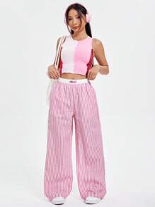 SHEIN MOD Women's Elastic Waist Striped Color Block Wide Leg Pants - Multicolor - View 3