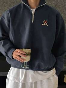 Claim Dot Men's Half-Zip Front Letter Patch Sweatshirt With Kangaroo Pocket - Grey - View 1