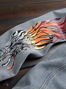 Manfinity Roghcode Men's Ripped Dragon Head Printed Denim Shirt - Blue - View 4