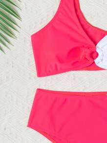 Teen Girl Two Pieces Color Block Asymmetrical Shoulder Bikini Set Summer Beach