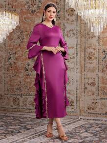 Modelyn Ladies' Gorgeous & Elegant Flared Cuff Bell-Sleeve Dress - Rose Red - View 7