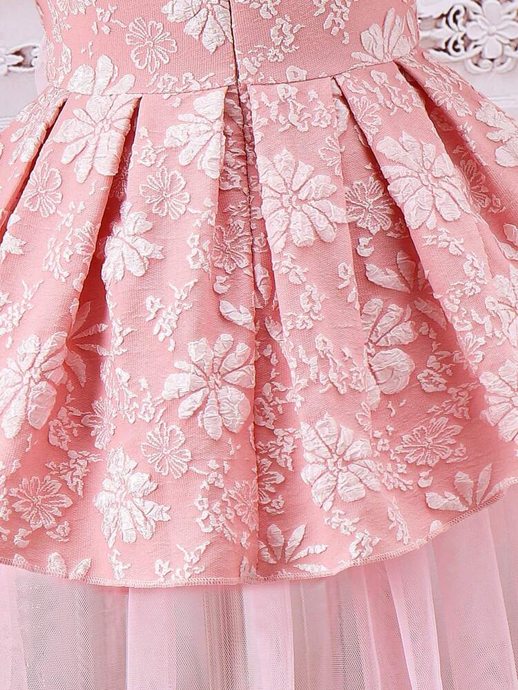 Young Girls' Floral Printed Round Neck Puff Sleeve Top And Mesh Splice A-Line Skirt Two Pieces Set