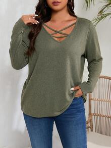 INAWLY 露背交叉綁帶松身t恤,休閒時尚大碼款 - 軍綠色 - 查看 6