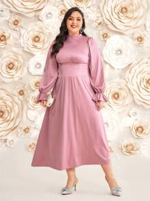 Modelyn 1 pieza Vestido de noche de talla grande con cuello de embudo y mangas con volantes - Rosa vieja - Ver 7