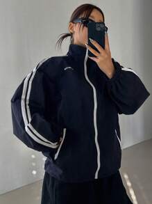 DAZY 女款街頭印花撞色夾克外套,拼接設計 - 藏蓝色 - 查看 5