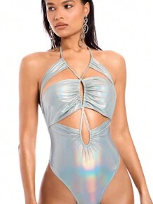 SHEIN BAE 銀色金屬包覆十字綁帶性感露背連身衣 - 銀色 - 查看 6