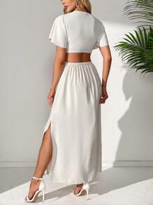 SHEIN Tall Women's Solid Color Button Front Tie Knot Hollow Out Dress - Beige - View 2