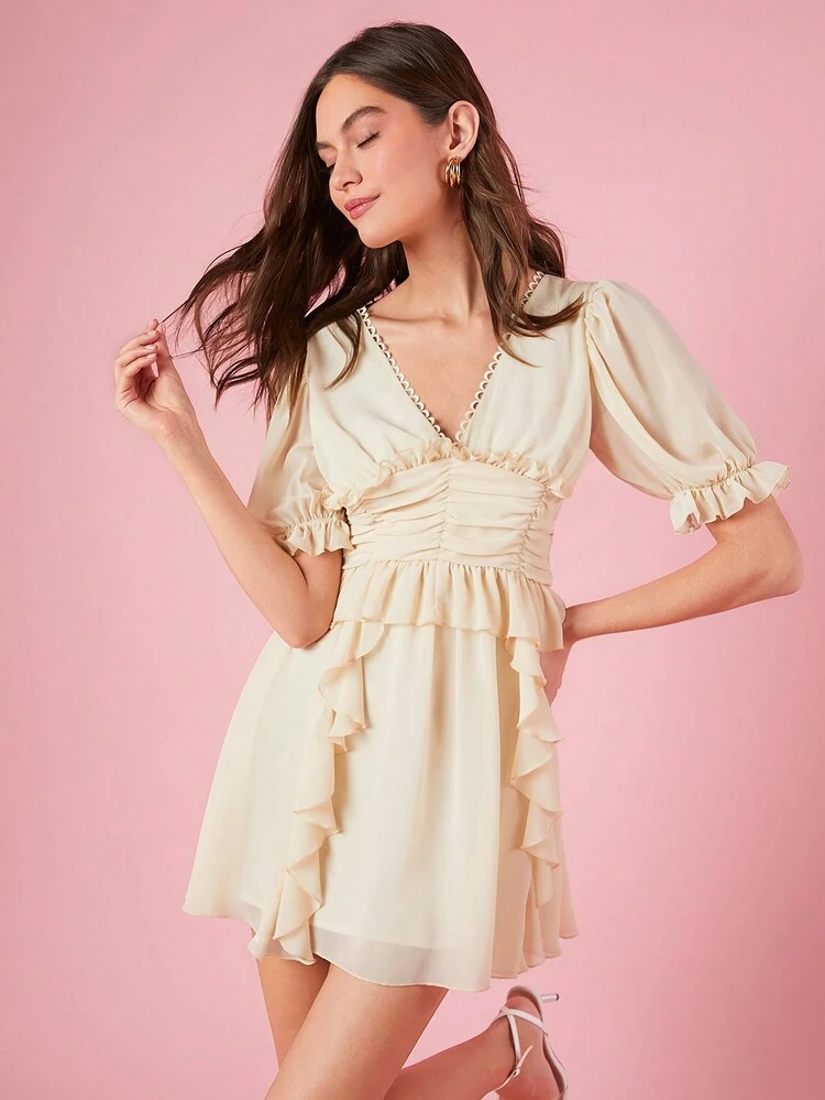 Women's Puff Sleeve Waist Cinched A-Line Dress