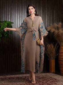 Al Najma Embroidered Notched Collar Batwing Sleeve Dress, Modest Kaftan - Khaki - View 6