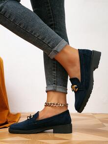 女士春秋款休閒圓頭絨面平底便鞋,帶舒適鞋底和鏈條裝飾 - 藏蓝色 - 查看 9