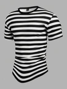 EGENSIO Men Striped Round Neck Urban Short Sleeve T-Shirt, Boyfriend Gift - Black and White - View 6
