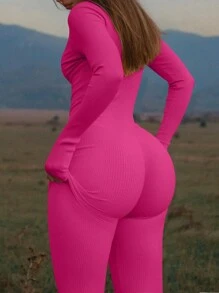 SHEIN Sports Kích thước lớn Liền mạch Áo liền quần thể thao - Màu Hồng Tươi - Xem 4