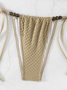 SHEIN Swim Summer Solid Color Textured Bikini Set With Studs Detail And Halter Neck Strap - Khaki - View 4