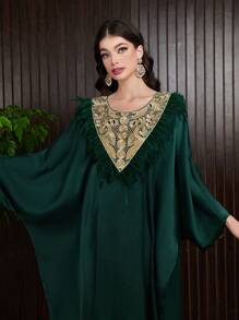 Al Najma 女裝羽毛拼接蝙蝠袖土耳其長款襯衫 - 墨綠色 - 查看 5